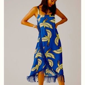 Farm Rio x Anthropologie Fringe Hem Wrap XXS - 00 Blue Yellow Midi Dress